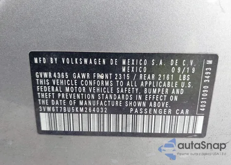 2019 Volkswagen Jetta Gli 2.0T 35Th Anniversary Edition/2.0T Autobahn/2.0T S из США, поврежденный, VIN 3VW6T7BU5KM264032